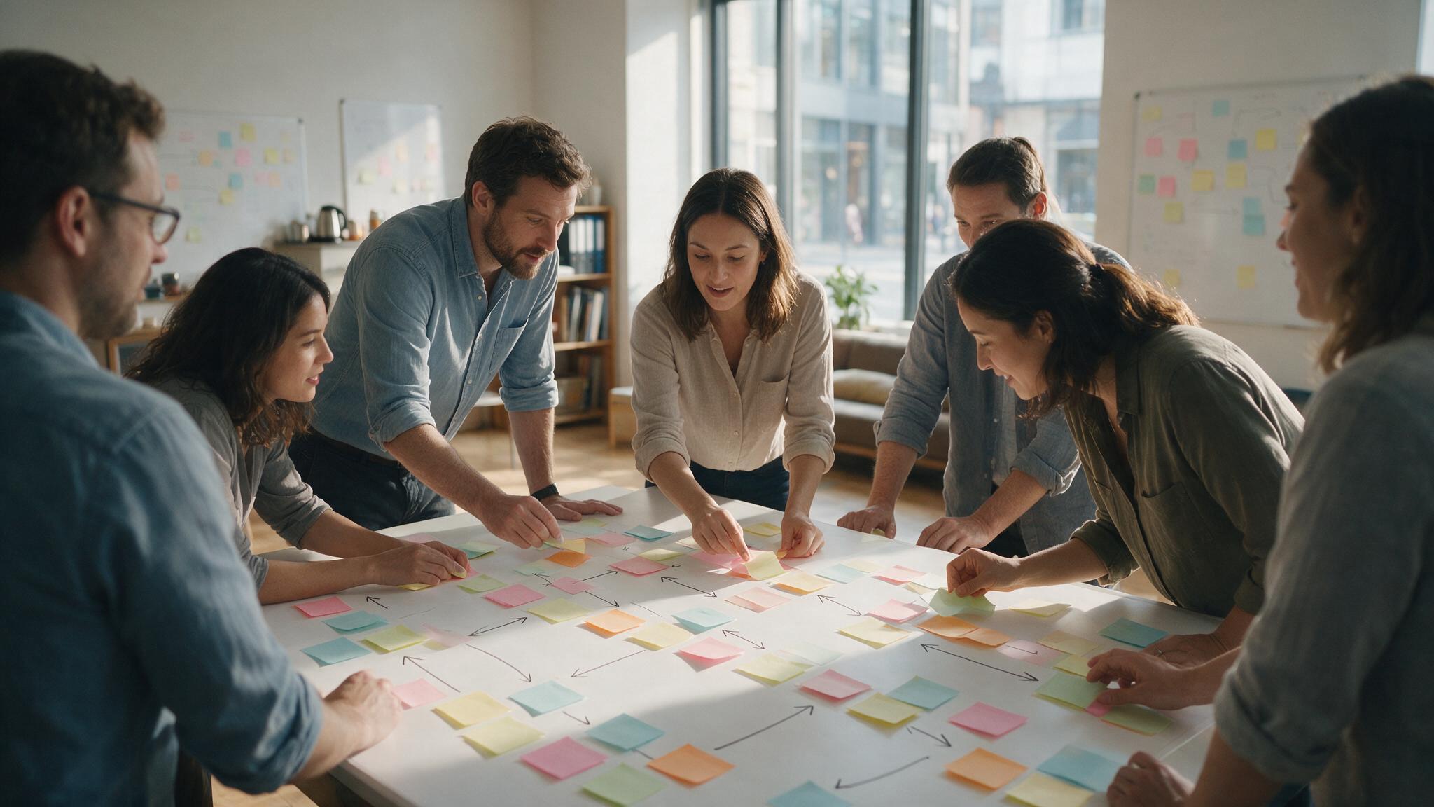Team mapping a business process on a whiteboard