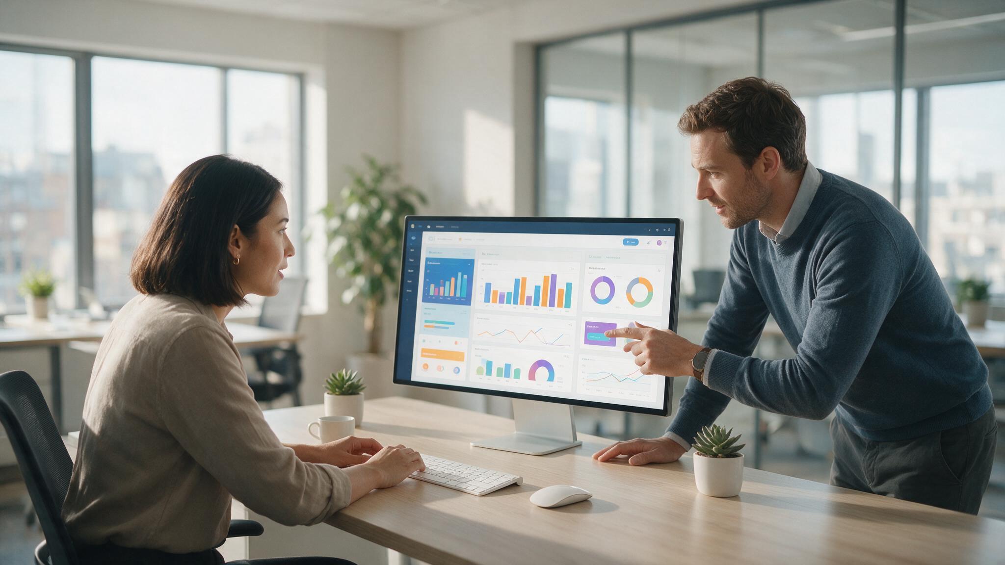 Professionals reviewing business dashboards on a monitor
